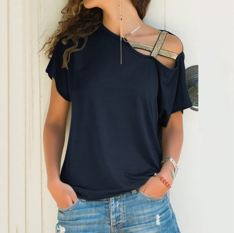 AliExpress Amazon spring and summer explosion models Europe and the United States casual shoulder cross irregular short-sleeved T-shirt women's shirt
