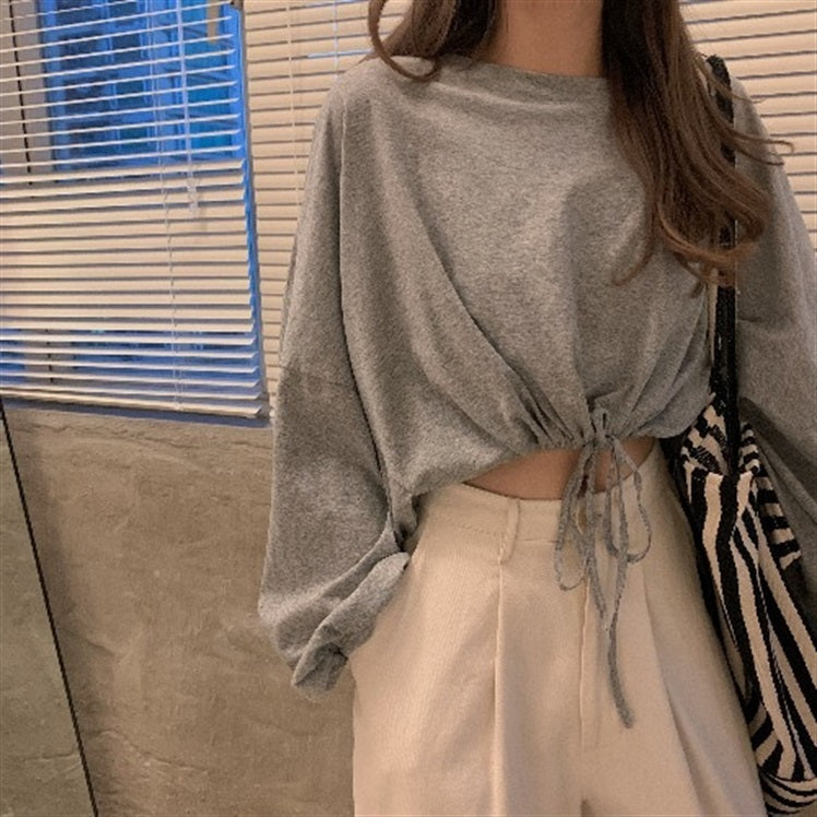 Women's loose high waist short long sleeve white top
