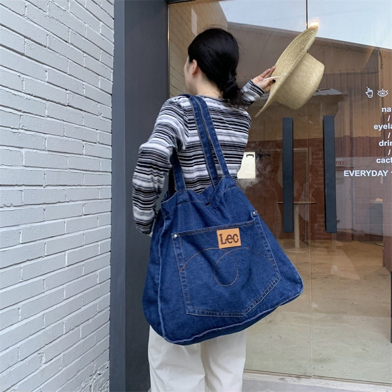 Japanese Denim Shoulder Bag With Large Capacity