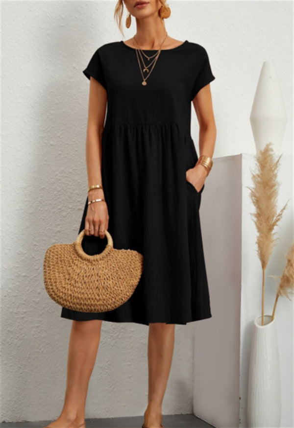 Summer Short-sleeved Dress With Pockets