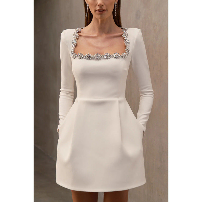 Women's Square Collar Diamond Inlaid Short Velvet Dress