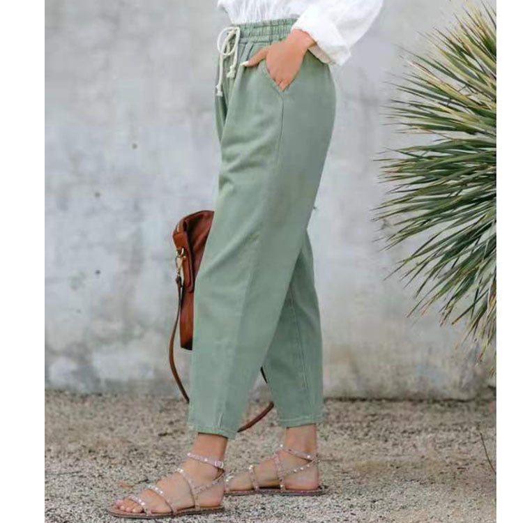 Pure Color Casual Elasticated High-waist Straight-leg Trousers