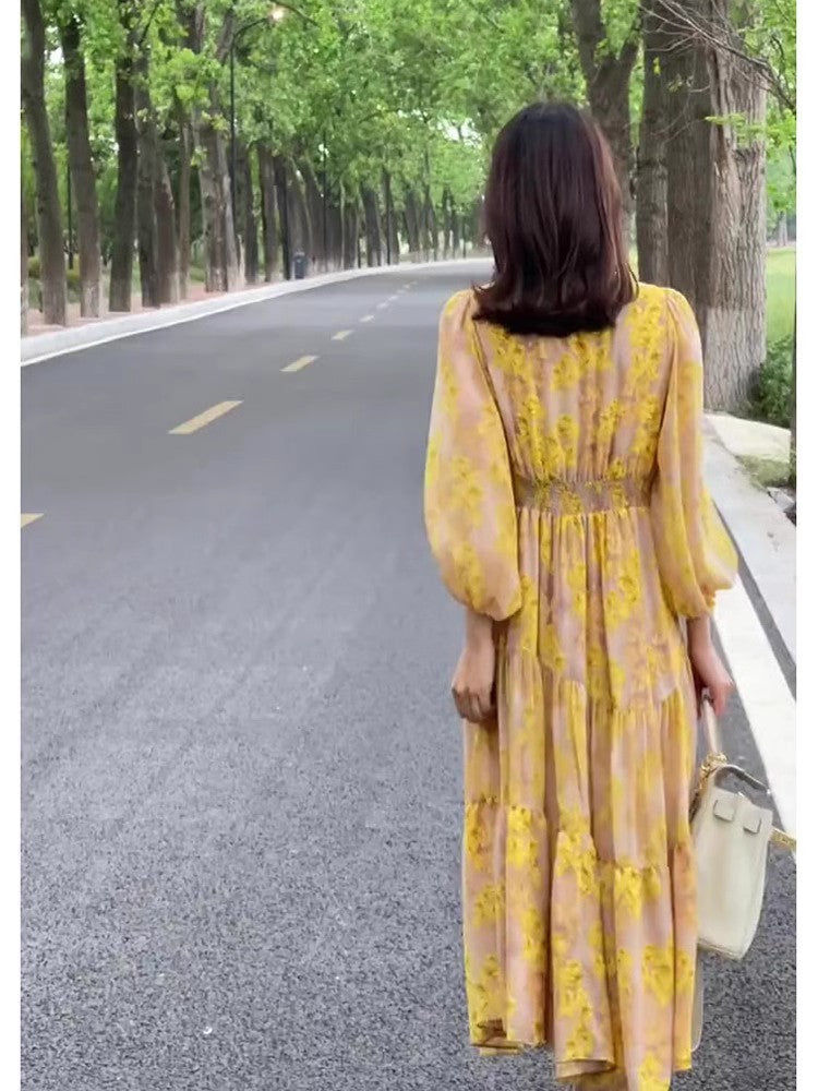 French Women Floral Dress For Summer And Autumn