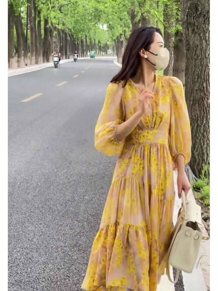 French Women Floral Dress For Summer And Autumn