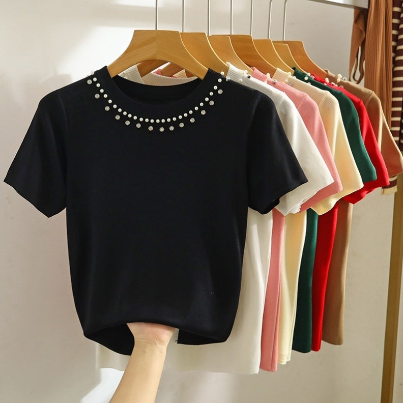 White Shoulder Short-sleeved T-shirt Heavy Industry Beads Knitted Short Top