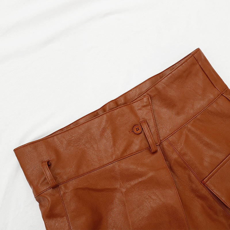 Ladies High Waist Irregular Split PU Leather Skirt