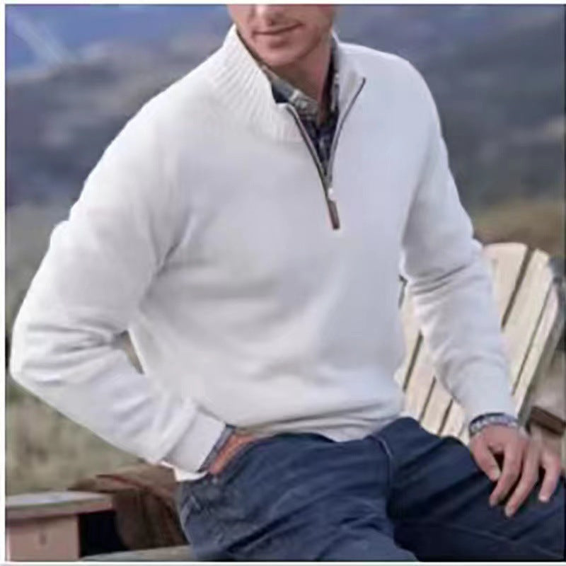 Pull homme à col montant zippé, en maille, style décontracté, couleur unie.