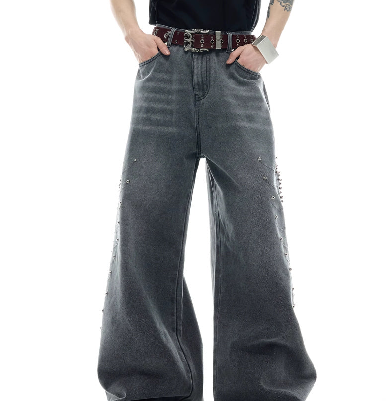 Niche Retro Washed Backbone Metal Rivet Design Jeans