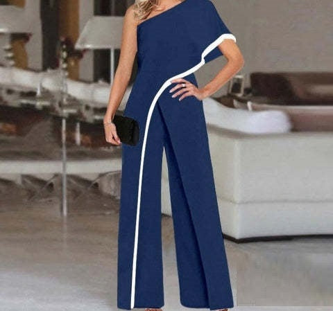 New One-shoulder Contrast Color Sexy Wide-leg Jumpsuit