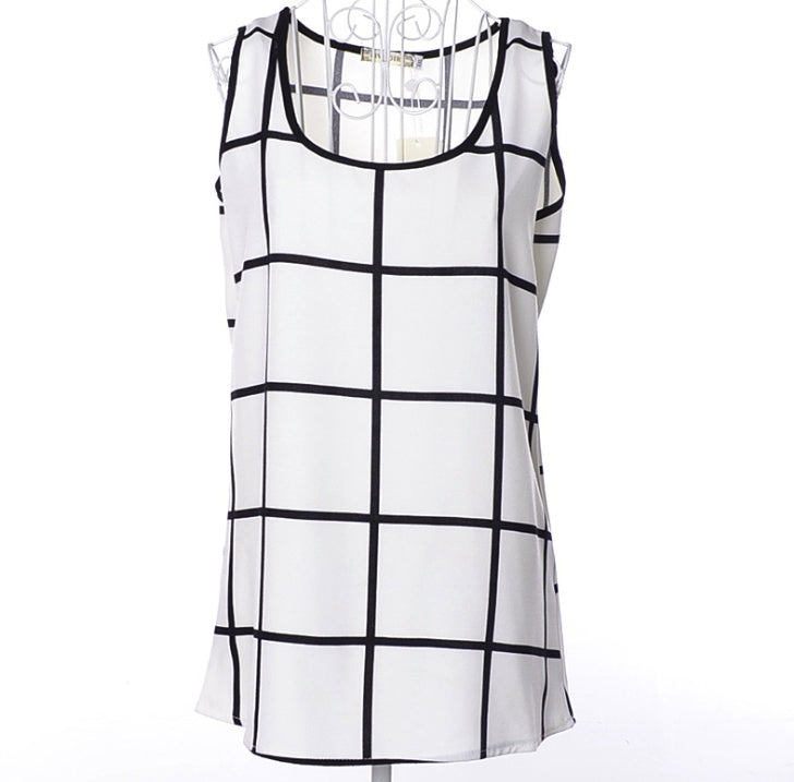 USA SIZE Chiffon shirt black and white plaid hemp vest halter top shirt