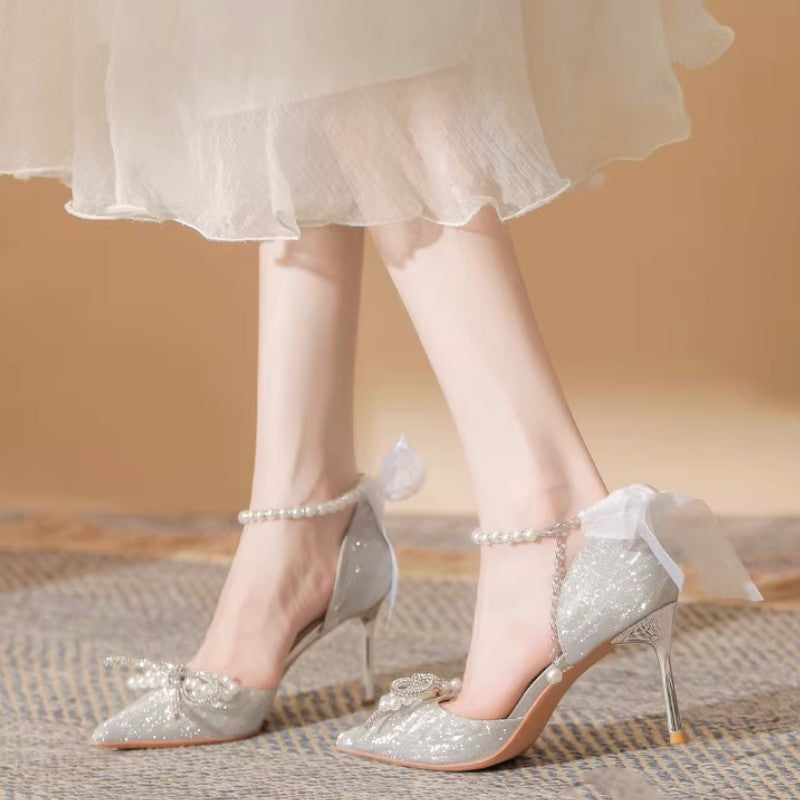 Women's Bow Pointed Heel Wedding Sandals