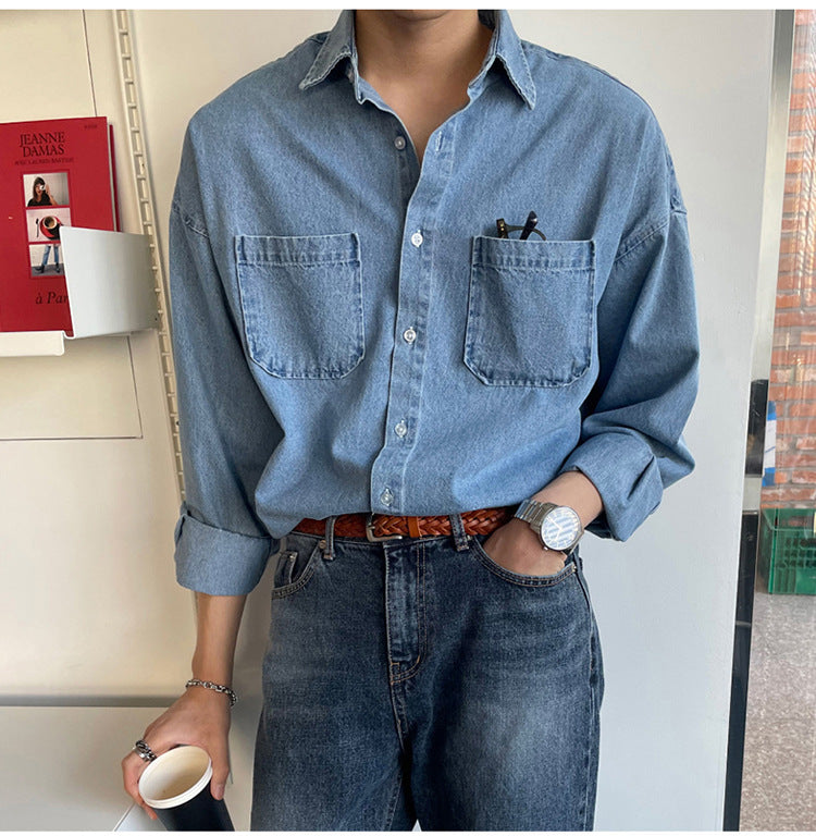 Trendy Denim Shirt Men's Long Sleeve