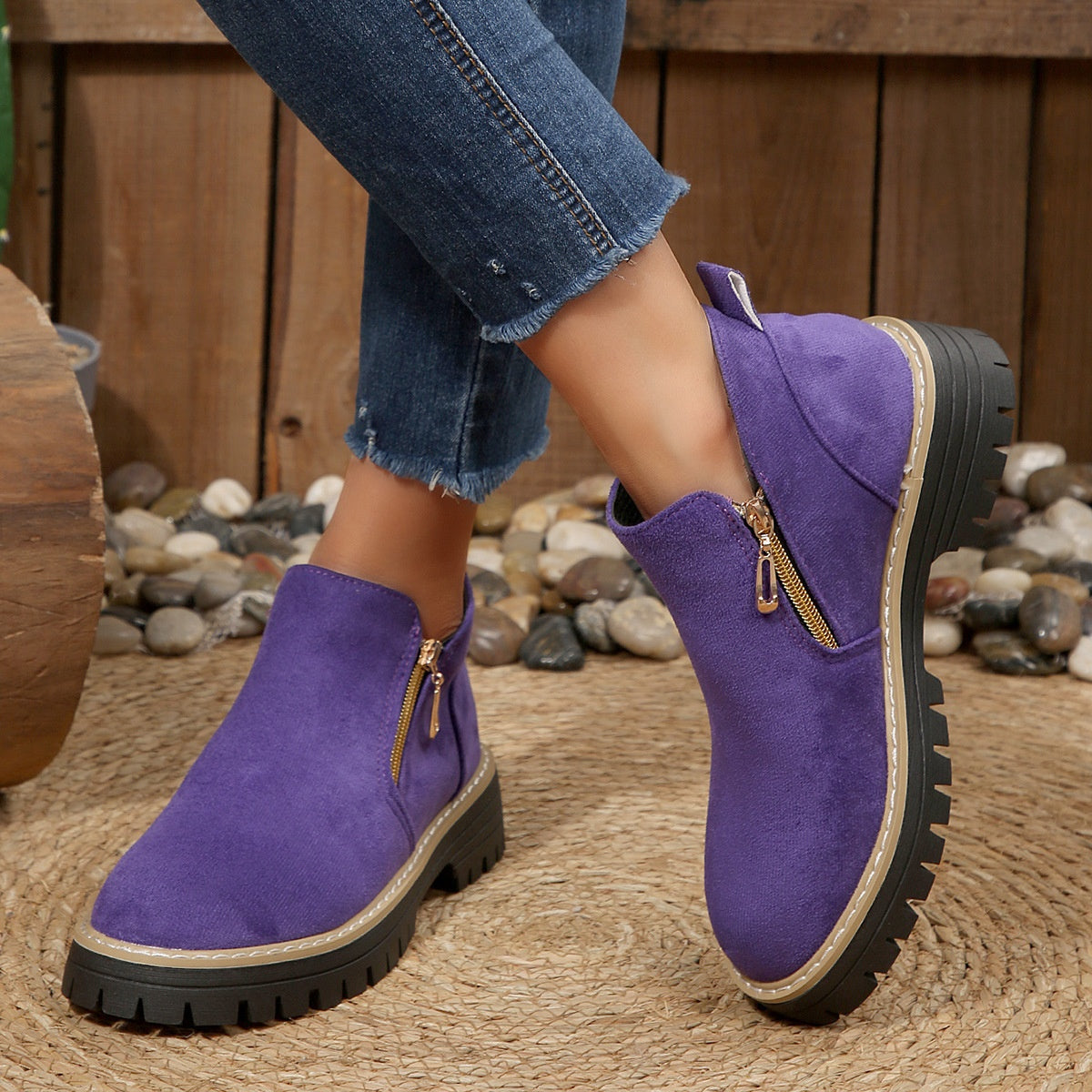 Bottines tendance à fermeture éclair latérale, bottines épaisses, chaussures en daim automne-hiver pour femmes