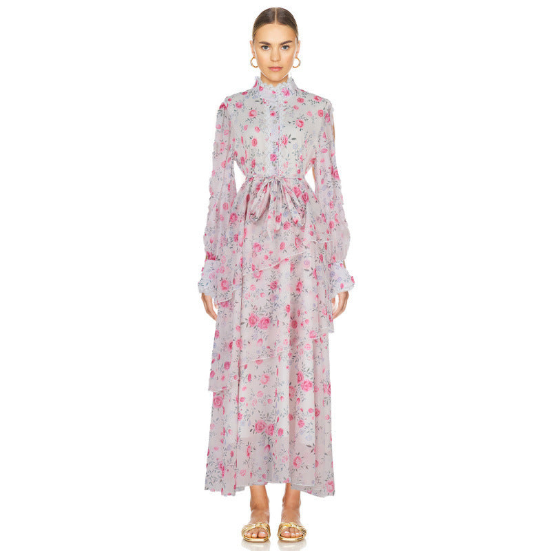 Autumn And Winter Lace Stitching Sweet Printed Ruffled Irregular Dress Women