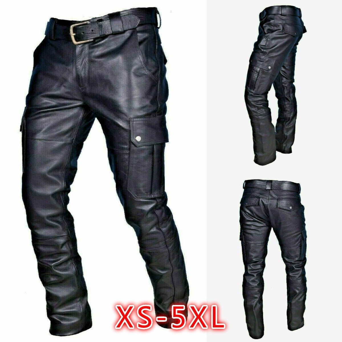 Pure Color Men's PU Strap Casual Leather Pants
