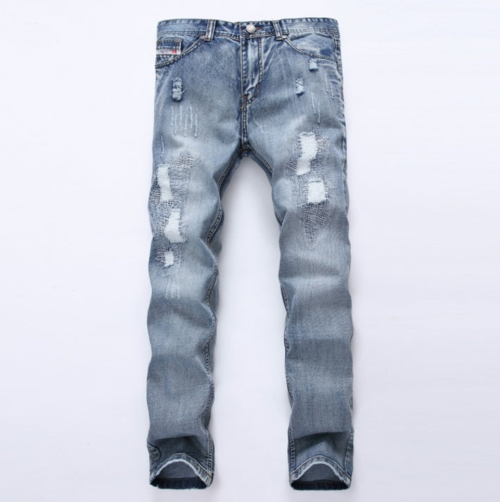 Light Blue Slim Fit Distressed Denim Joggers Male Plus Size Jean Trousers