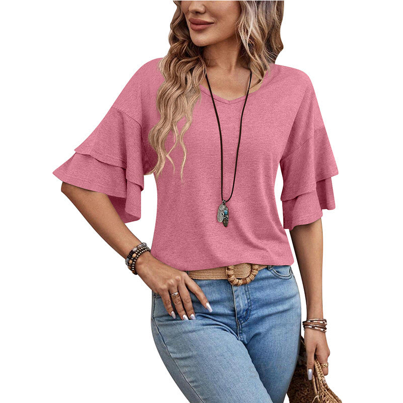 Loose V-neck Ruffle Sleeve T-shirt Fashion Solid Mid-sleeve Tops