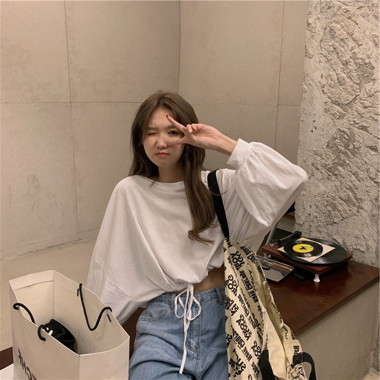 Women's loose high waist short long sleeve white top