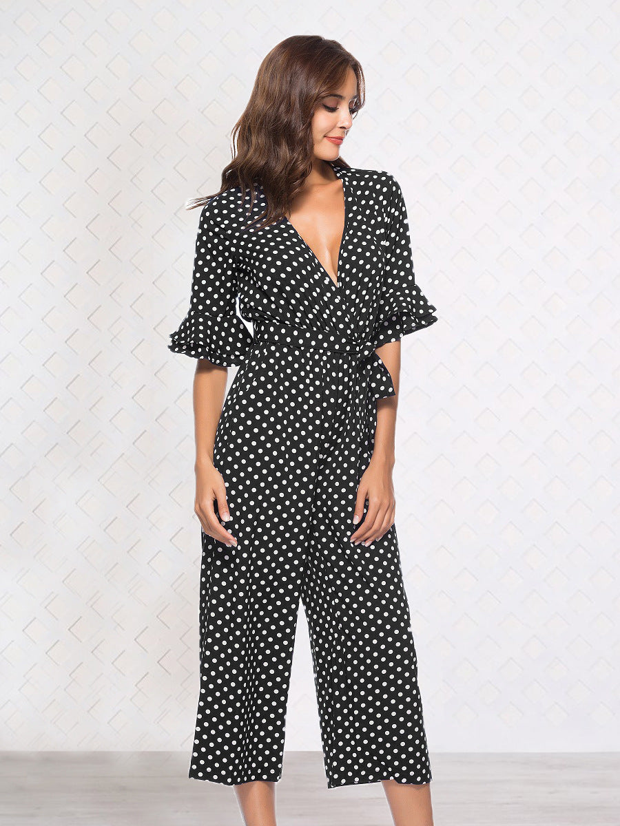 Half sleeve V-neck polka dot print jumpsuit