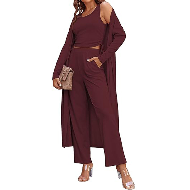 Women's Three Piece Casual Long-sleeved Cardigan Trousers Suit