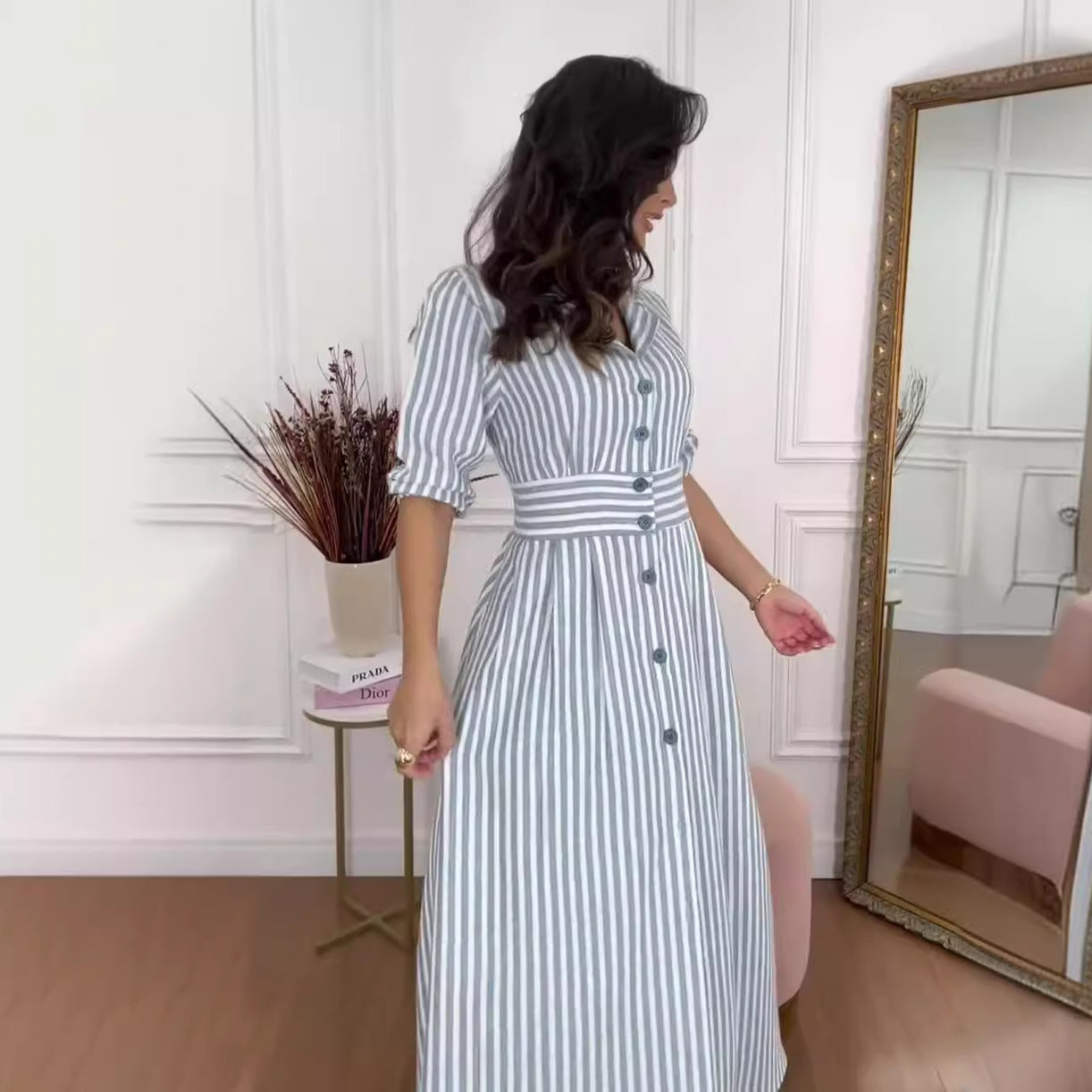 European And American Fashion Striped Printing Elegant Style Temperament Shirt Long Dress