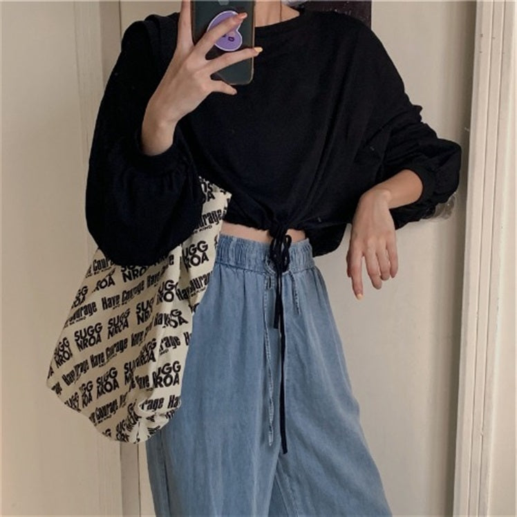 Women's loose high waist short long sleeve white top