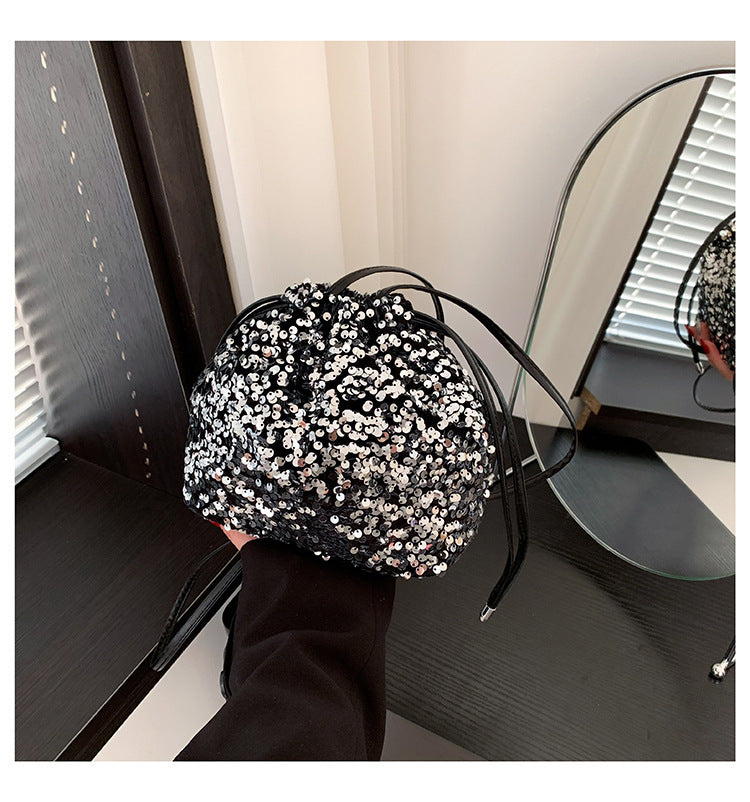 Crossbody Drawstring Pleated Design Soft Color Sequin Bag