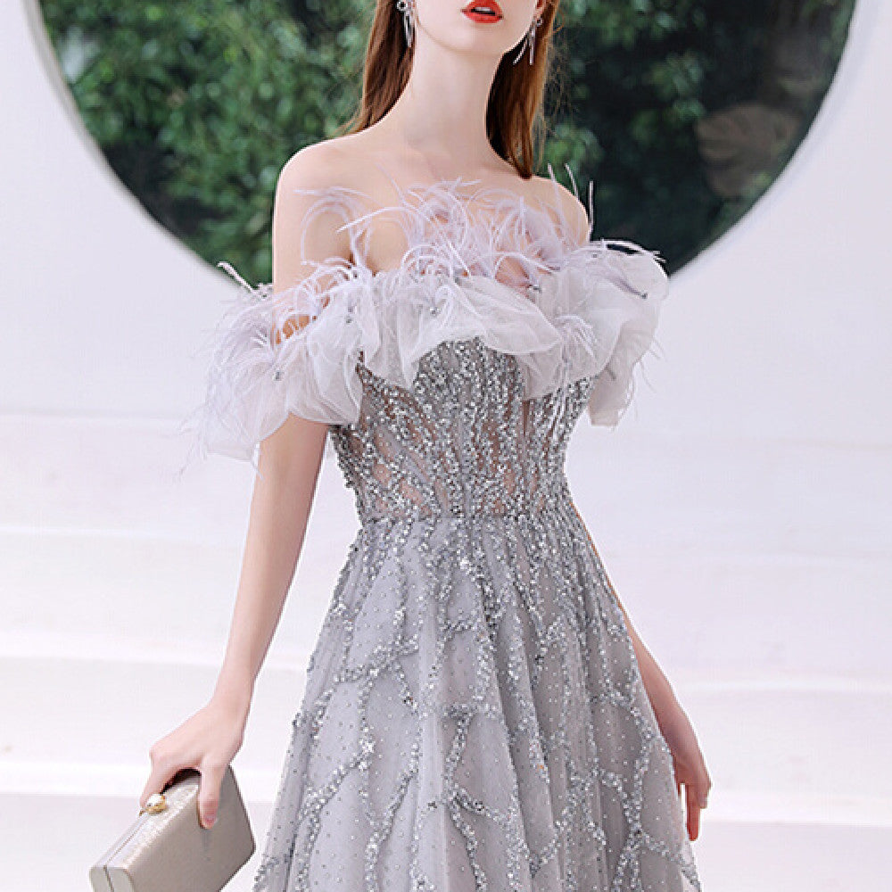 One Word Shoulder Banquet Temperament Ladies Senior Sense Dress