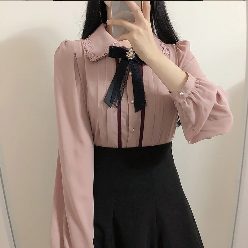 Embroidered Bowknot Long-sleeved Blouse Female Design Princess Style Chiffon Shirt