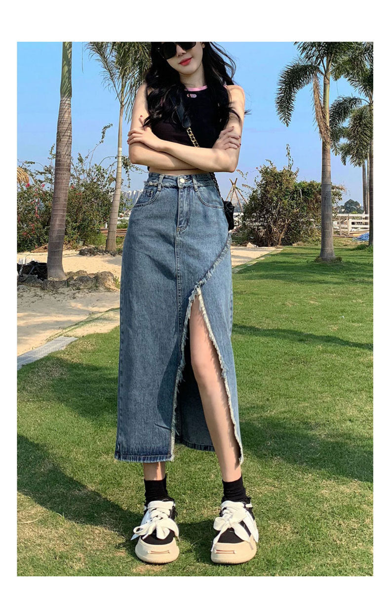 Irregular Slit Denim Skirt Ins Style Hot Design