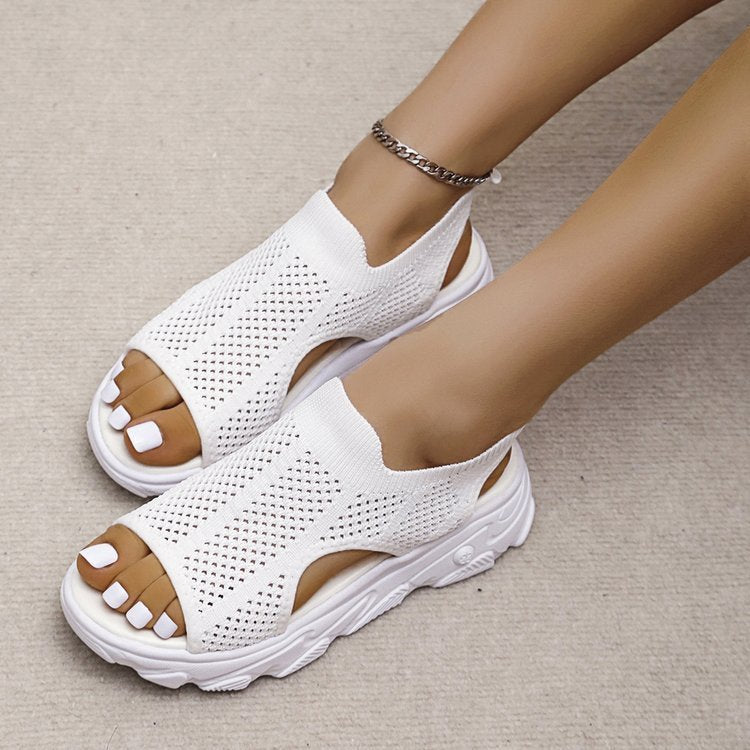 Summer Sandalas Elastic Slip-on Peep Toe Wedge Fly Woven Mesh Casual Shoes