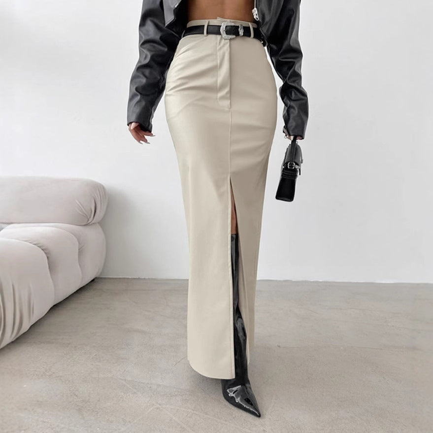 Leather Design Split Solid Color High Waist Simple Skirt