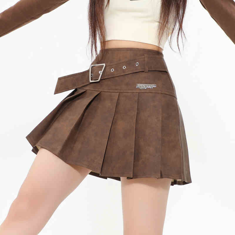 PU Leather Skirt High Waist Slimming A- Line Pleated Skirt