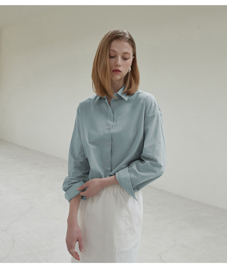 Cotton Hem Elastic Waist Slimming Solid Color Long Sleeve Shirt