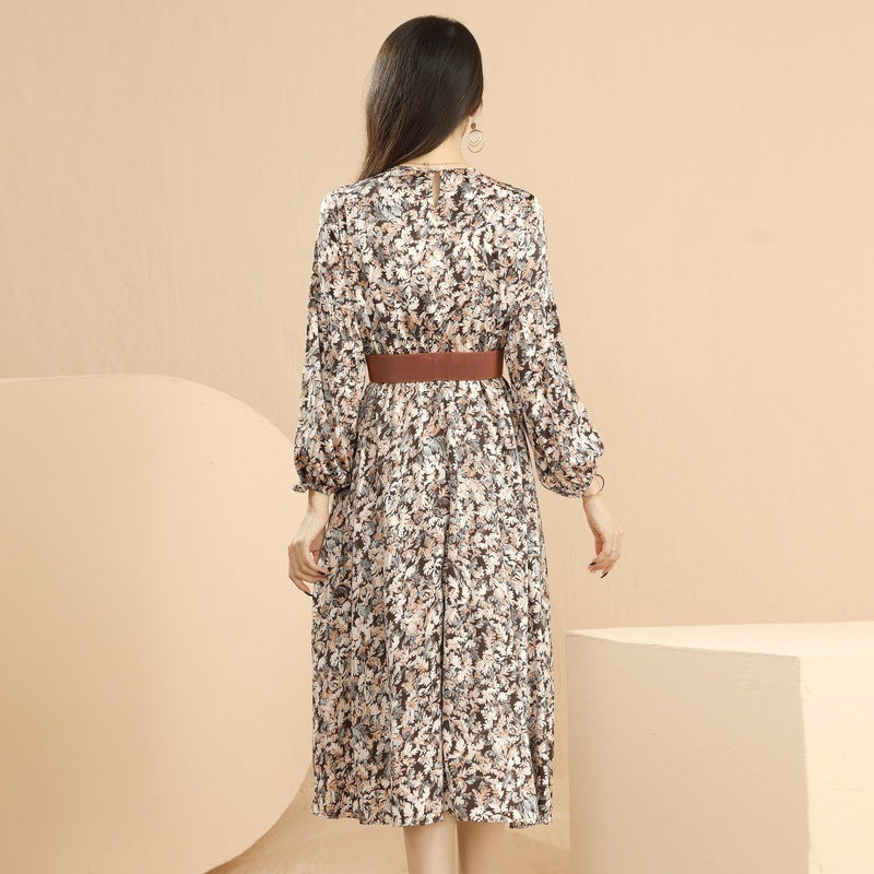 Fashion Round Neck Floral Waist Tie Dress