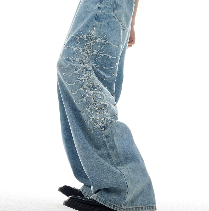 Niche Retro Washed Backbone Metal Rivet Design Jeans