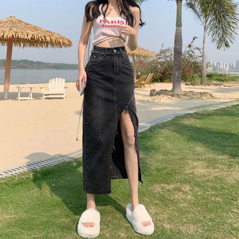 Irregular Slit Denim Skirt Ins Style Hot Design