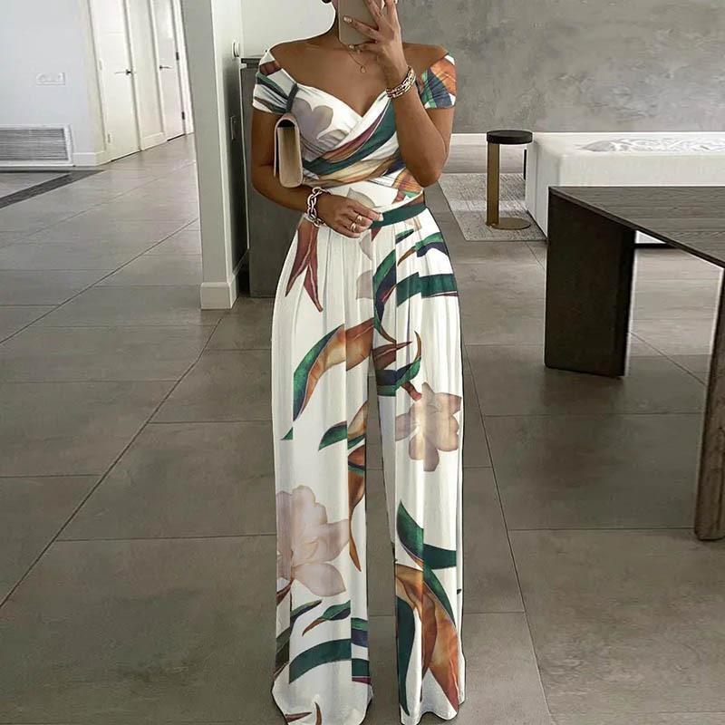 European And American Fashion Off-shoulder Printed Temperament Commute Casual High Waist Jumpsuit Women