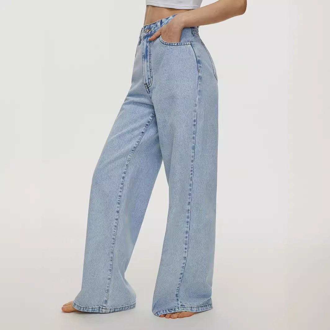 Pantalon en jean taille haute, coupe droite et ample pour femme