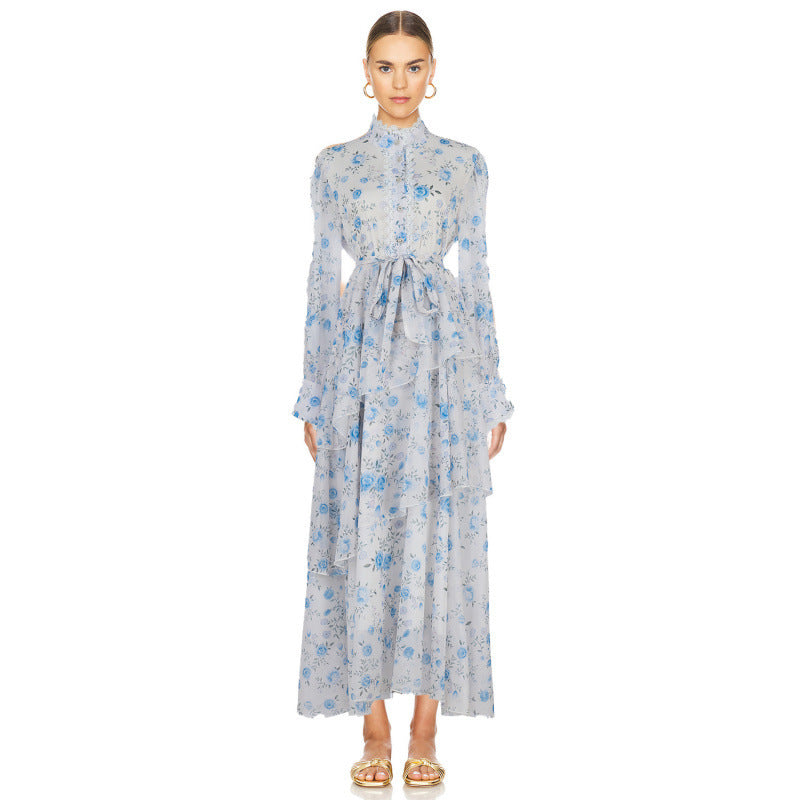 Autumn And Winter Lace Stitching Sweet Printed Ruffled Irregular Dress Women