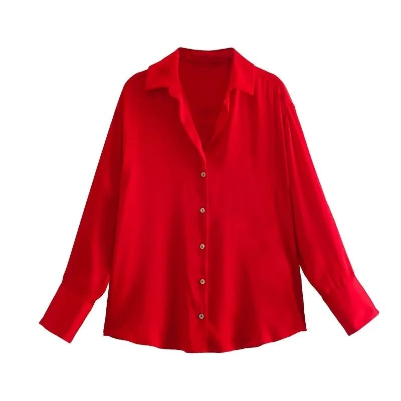 All-match Silk Satin Texture Draping Long-sleeved Shirt For Women