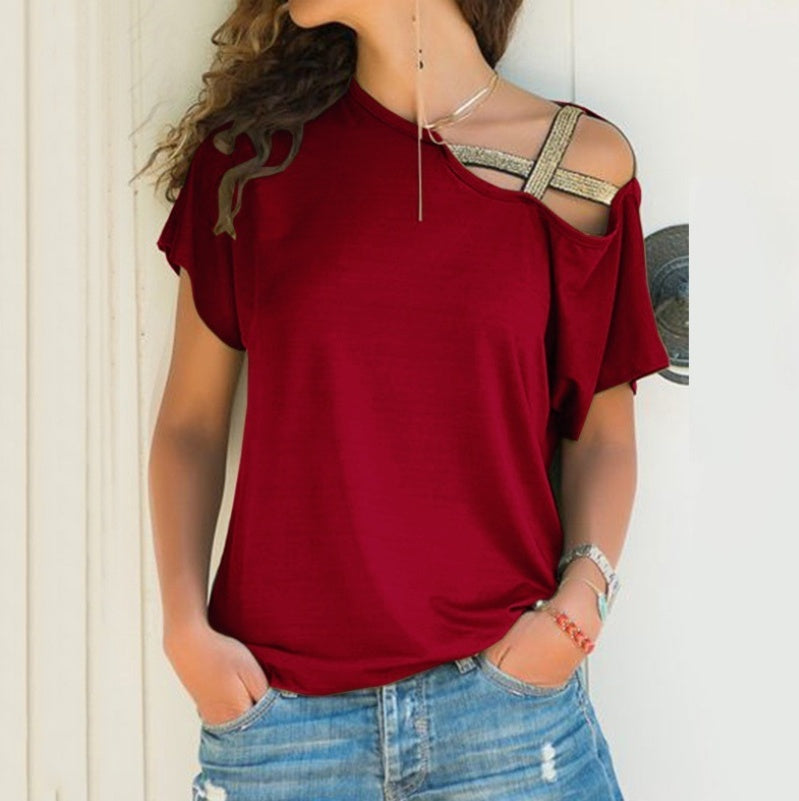 AliExpress Amazon spring and summer explosion models Europe and the United States casual shoulder cross irregular short-sleeved T-shirt women's shirt