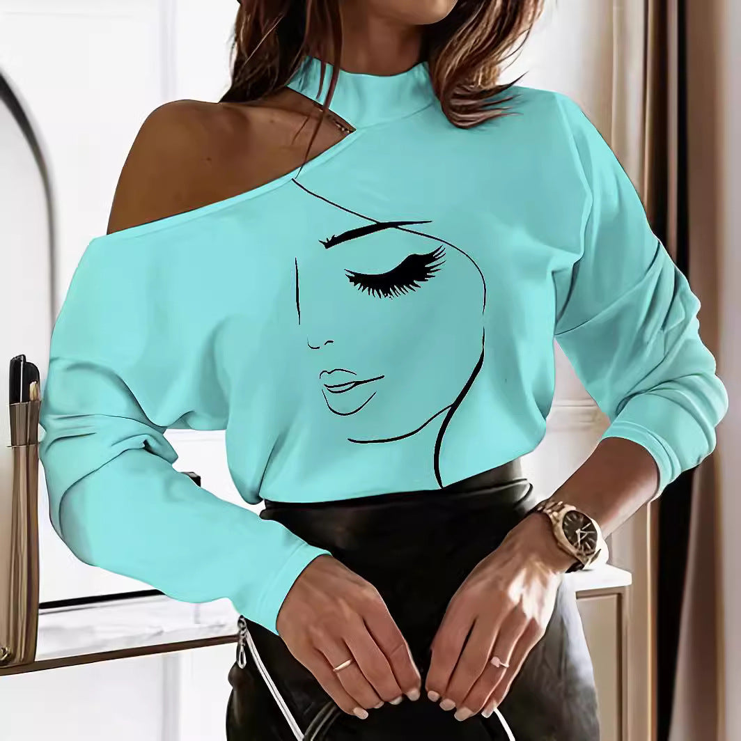 Abstract Printing T-shirt Off-the-shoulder Top For Women