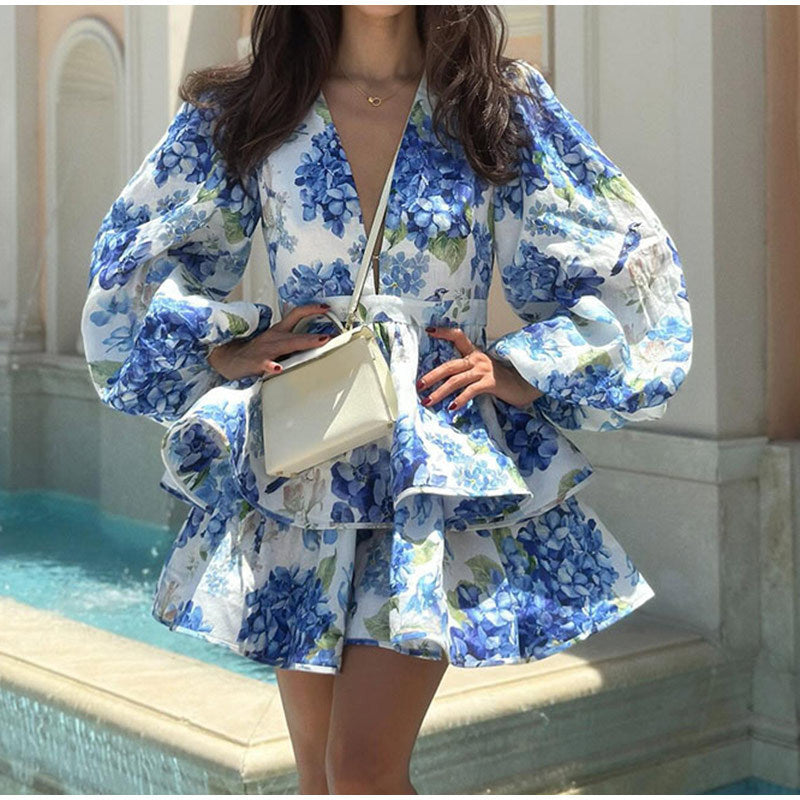 Women's V-neck Slim Fit Ruffled Printed Long Sleeve Dress