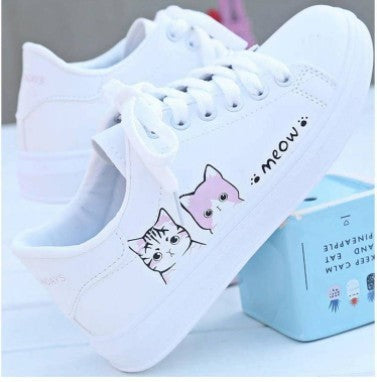 Women's White Leather Flat Shoes Small Size Cat Design