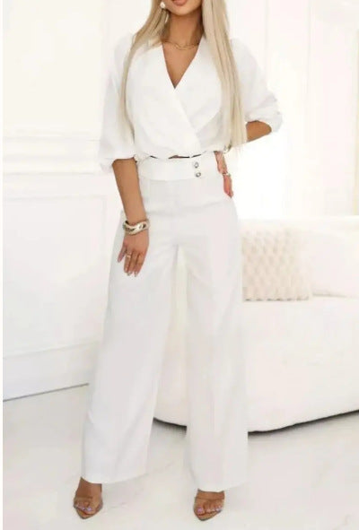 Women's Solid Color And V-neck Two-button 2-piece Trousers Suit