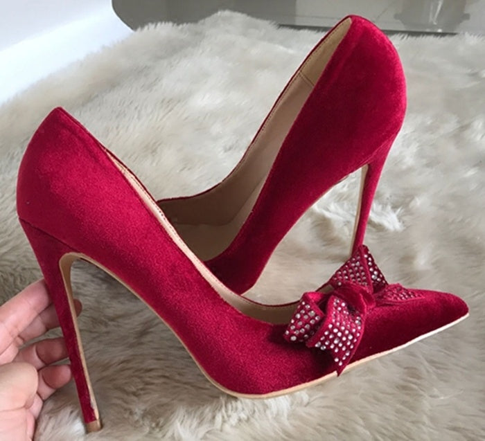 Bow tie diamond party slim heel shoes