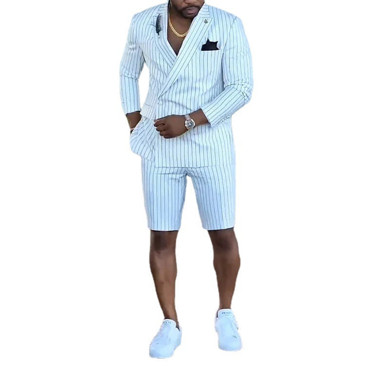 British Style Casual Black Striped Trendy Shorts Suit