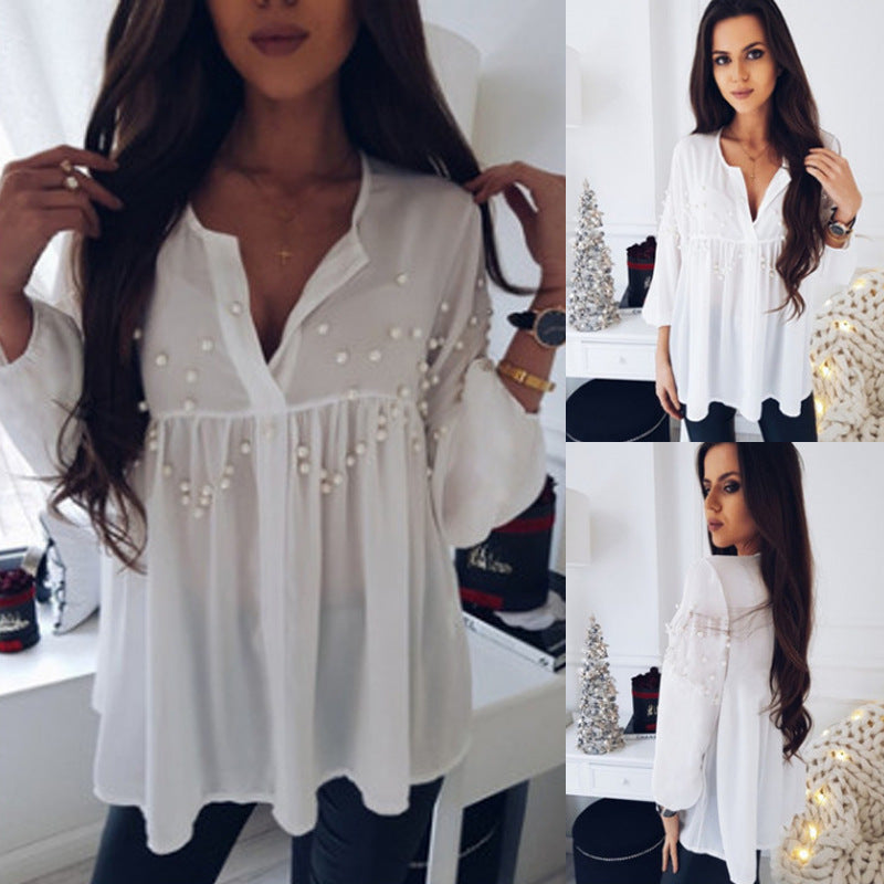 White Chiffon Beaded Loose Casual Collar Top