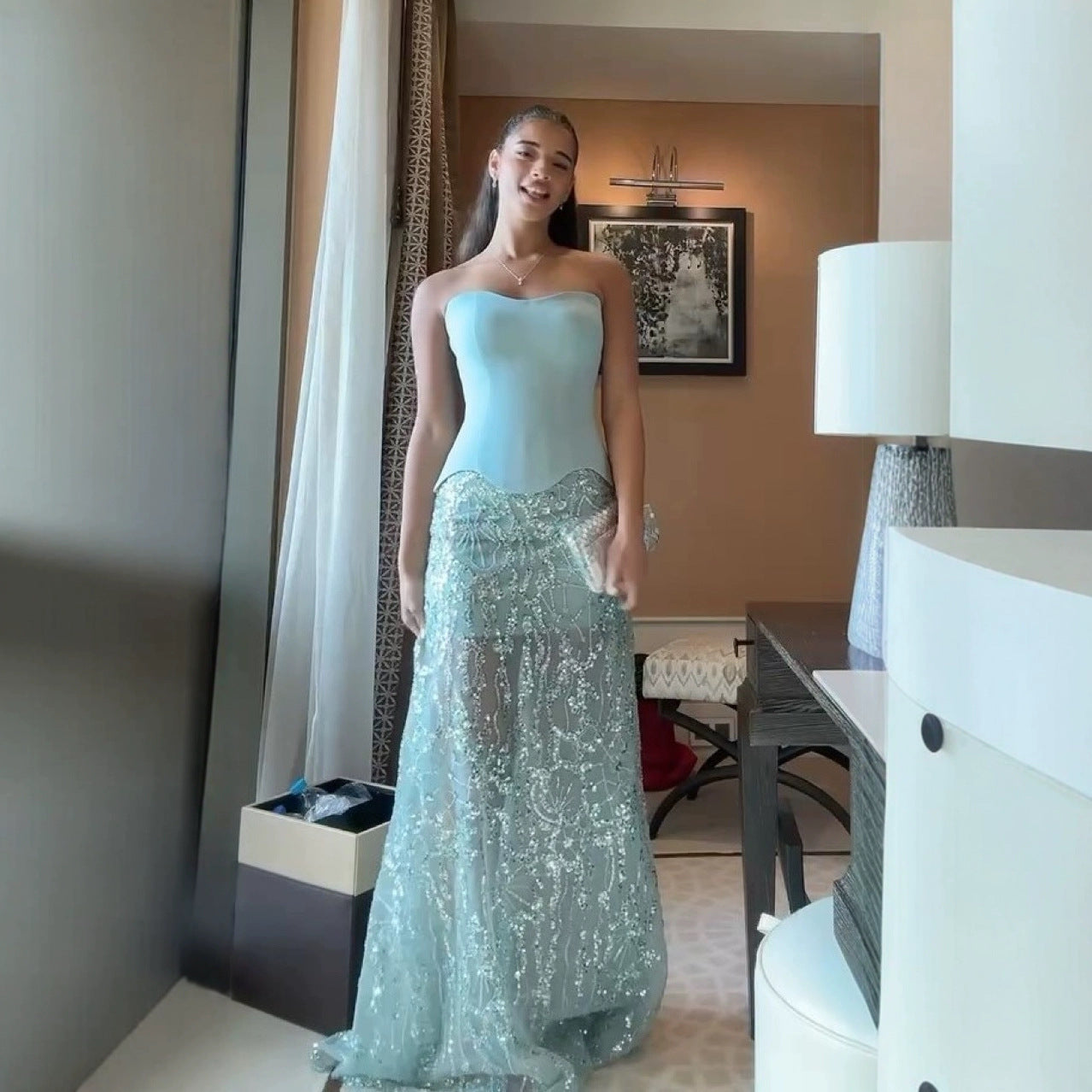 New Sleeveless Off-shoulder Tube Top Stitching Glossy Dress